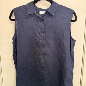 Uniqlo Women's Medium Linen Navy Collared Sleeveless Button Down
